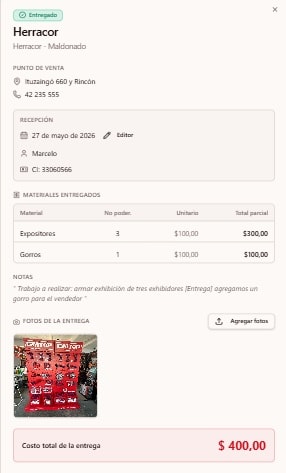 Detalle de entrega — costos y fotos