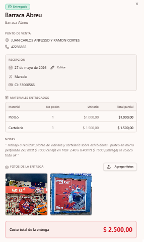 Detalle de entrega — materiales entregados